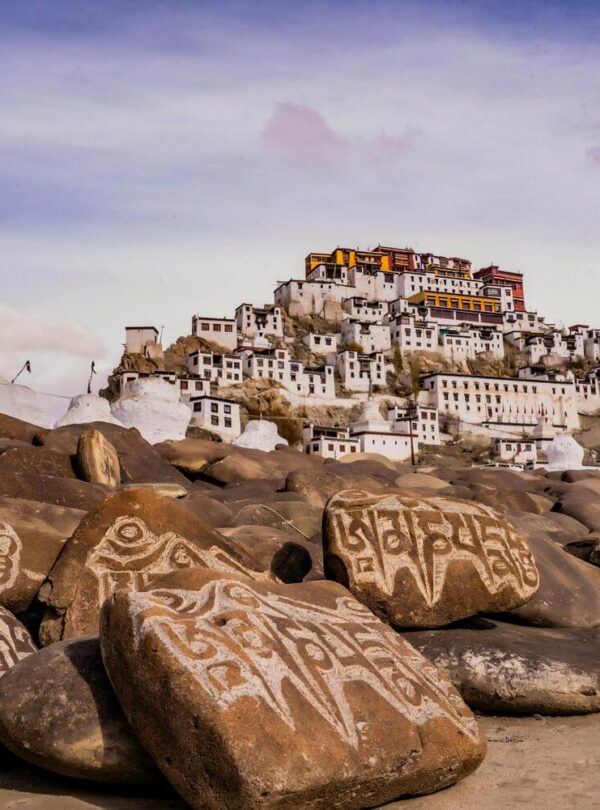 a beautiful building near a rocky shore
